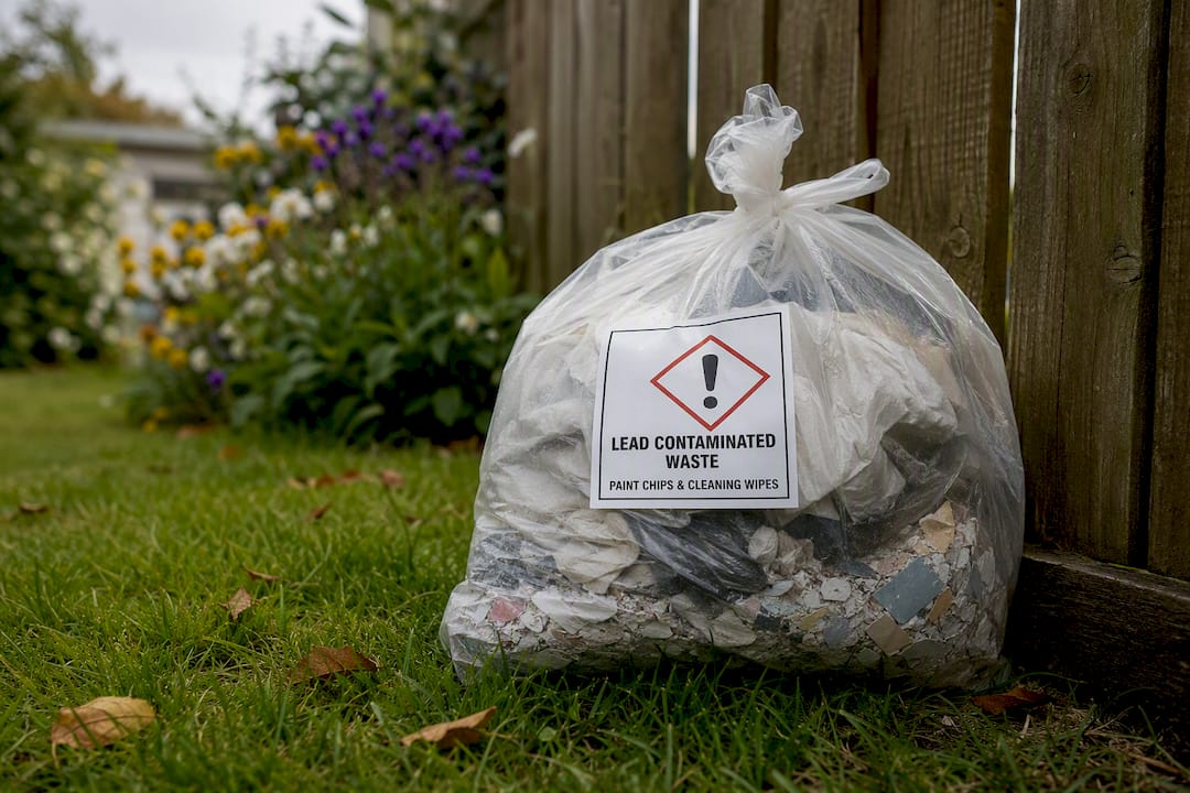 Bag of lead-contaminated paint waste by bin