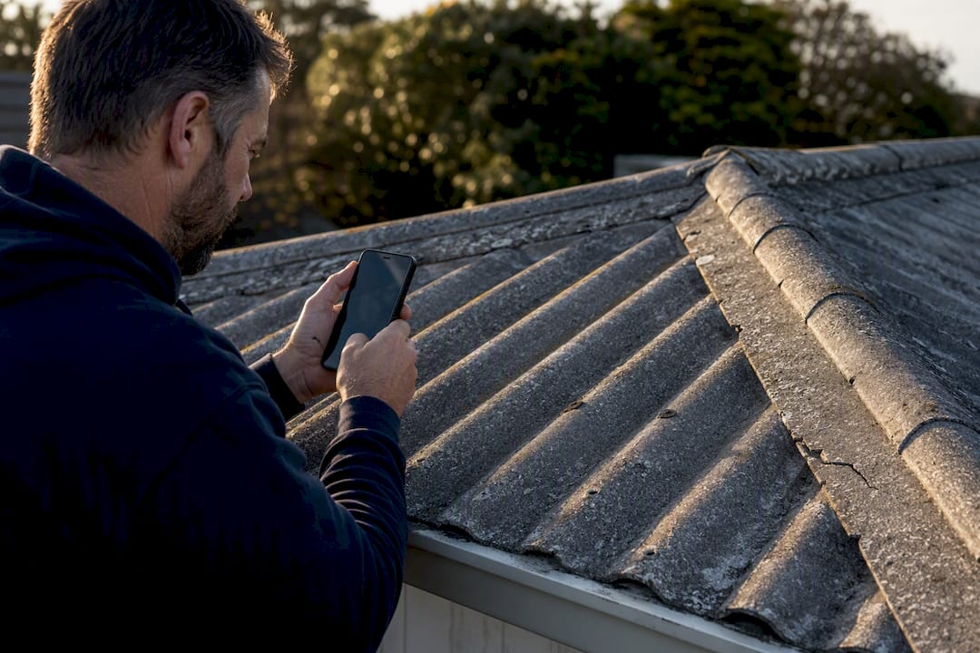 Hands photographing asbestos cement roofing