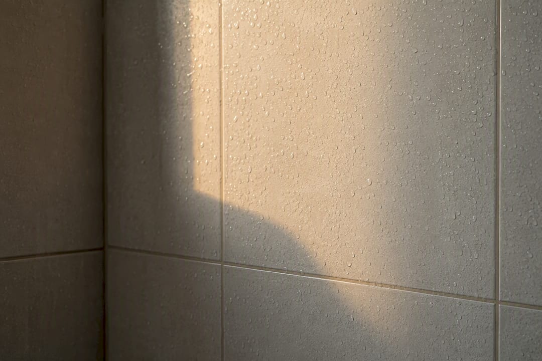 Wet glazed bathroom tiles inside shower recess