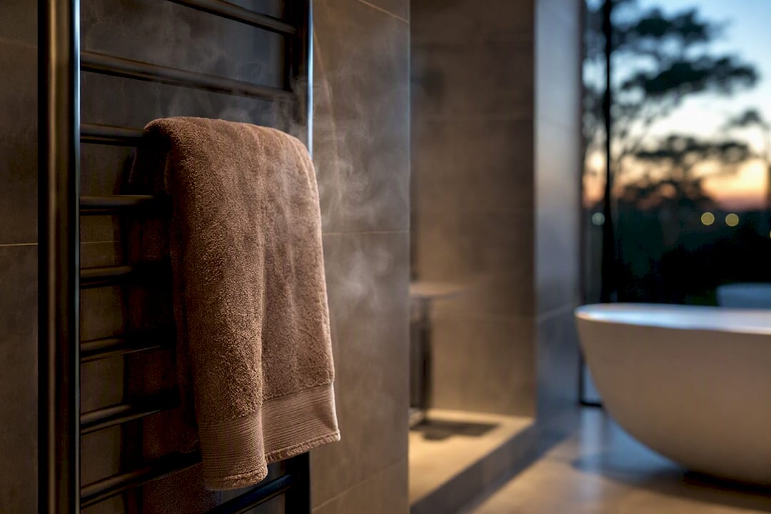 Heated towel rail drying damp towel
