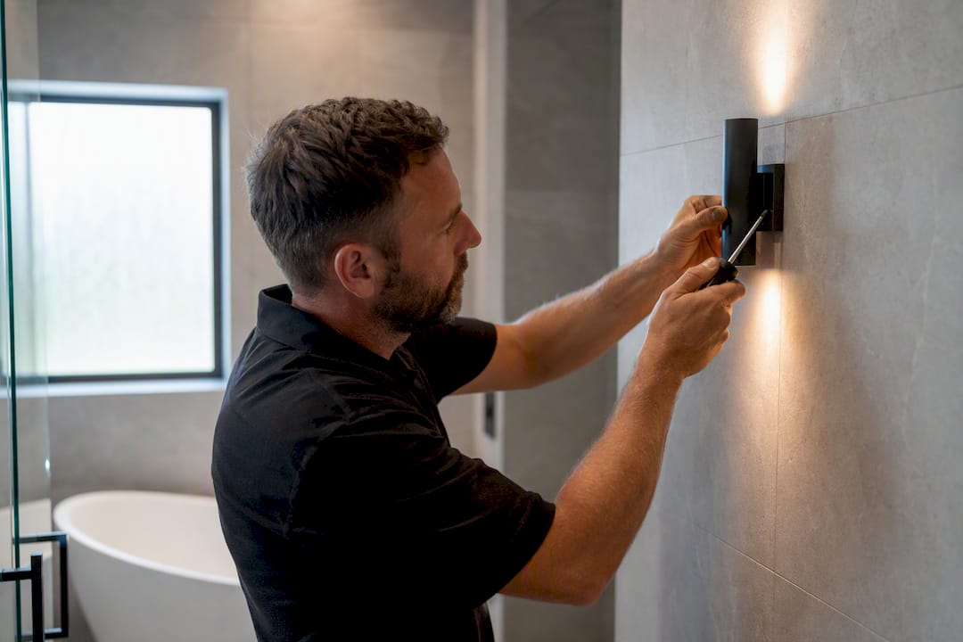 Electrician installing bathroom vanity light