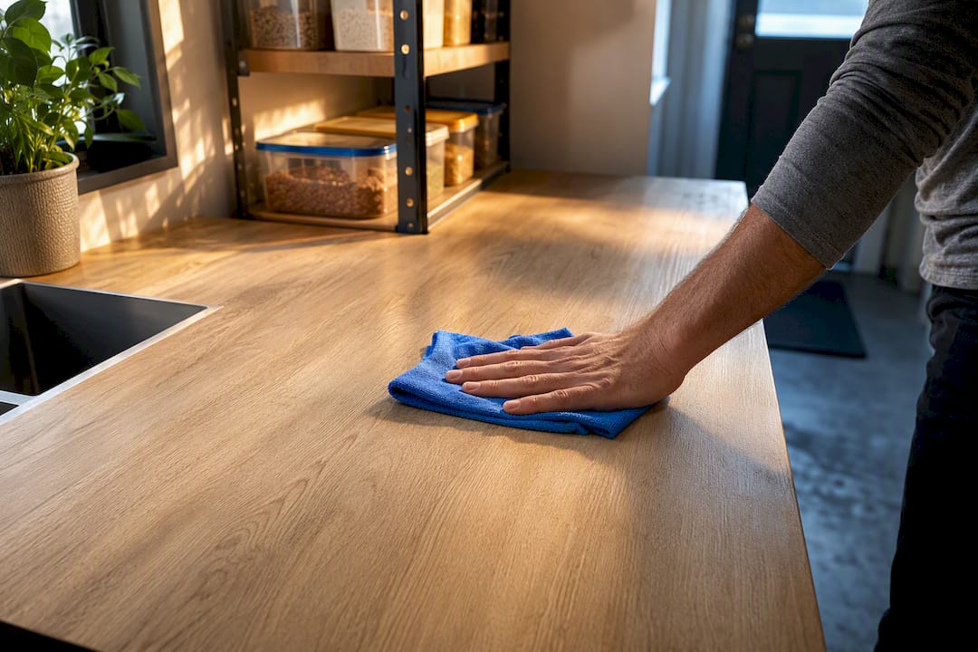 Wiping dust from temporary kitchen benchtop