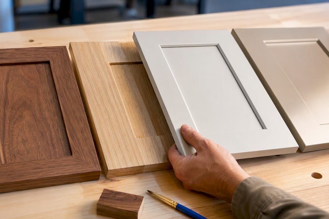 Timber veneer and painted cabinet samples compared