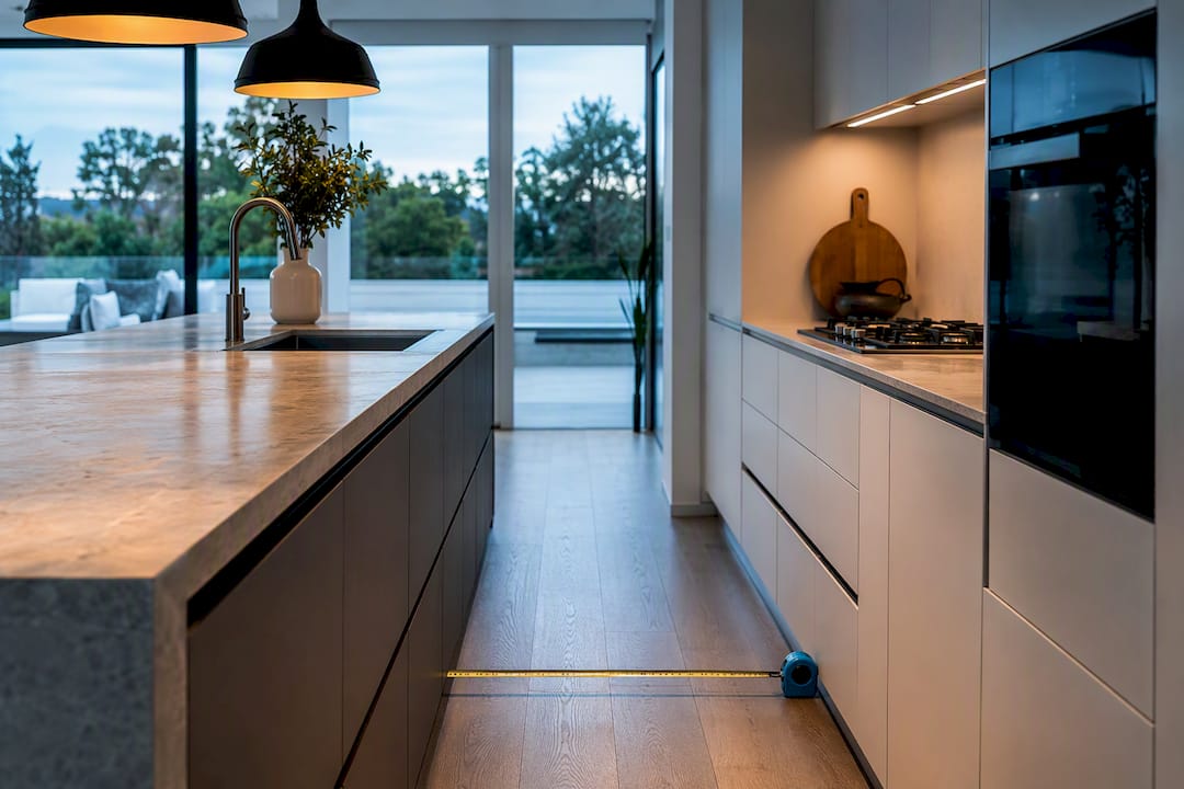 Kitchen island with measured walking clearance