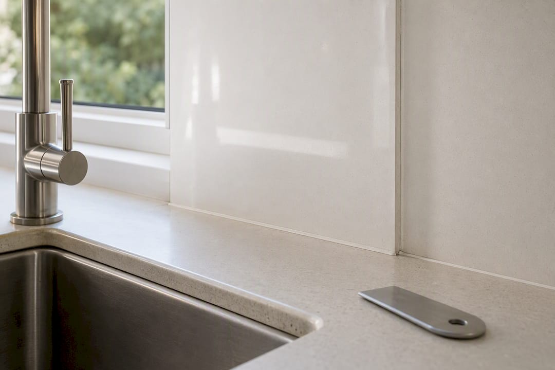 Easy-clean splashback beside kitchen sink