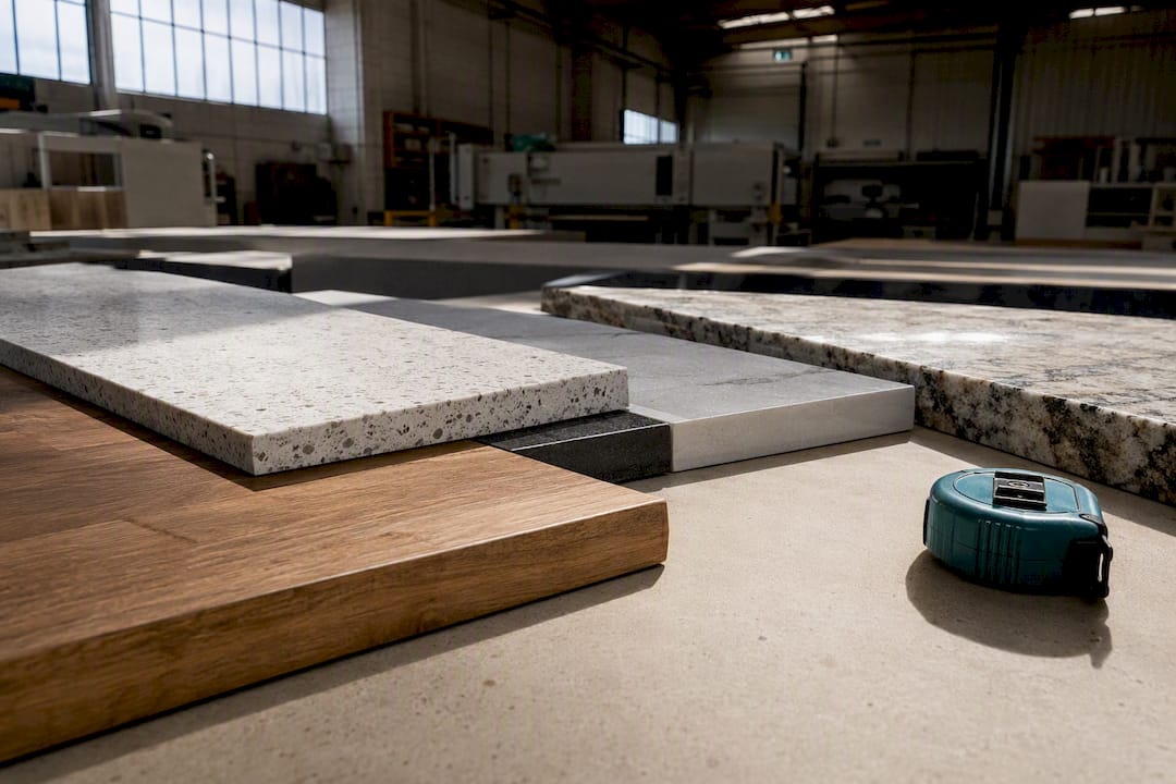 Kitchen benchtop material samples in workshop