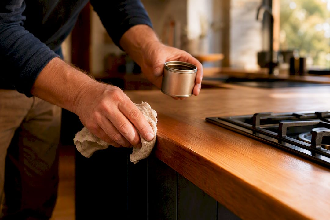 Hands oiling timber kitchen benchtop