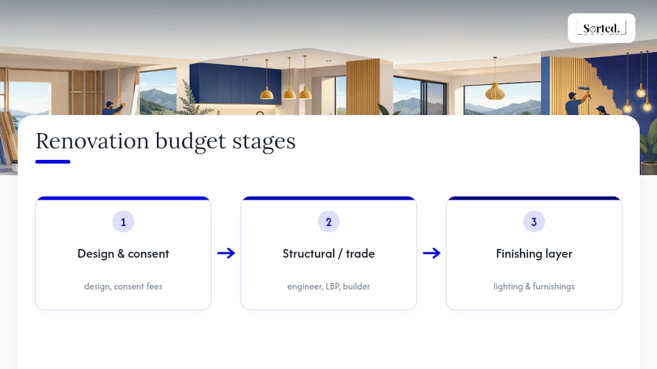 Three stages of an open-plan renovation budget