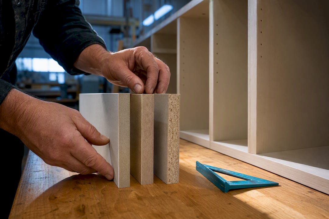 Cabinet board edges beside unfinished carcass