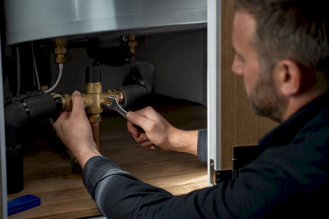 Installer checking hot water tempering valve