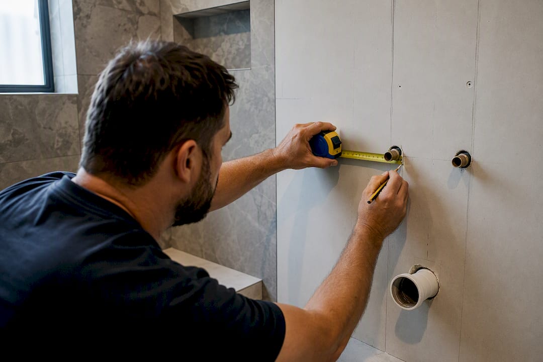 Plumber measuring bathroom rough-in positions