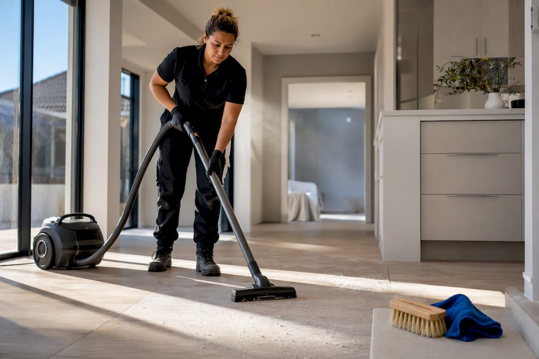 Professional cleaner vacuuming renovated home floor