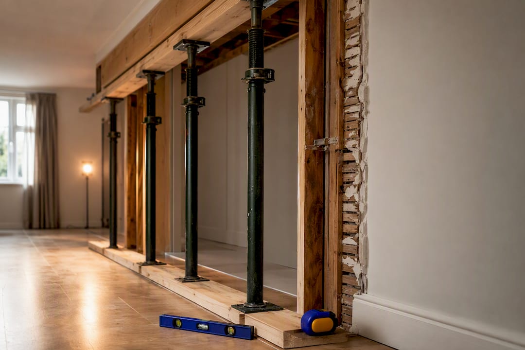 Temporary props supporting ceiling during wall removal