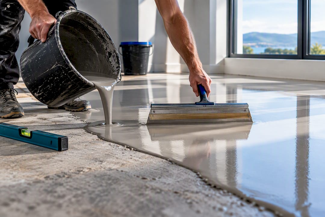 Self-levelling compound poured across concrete floor