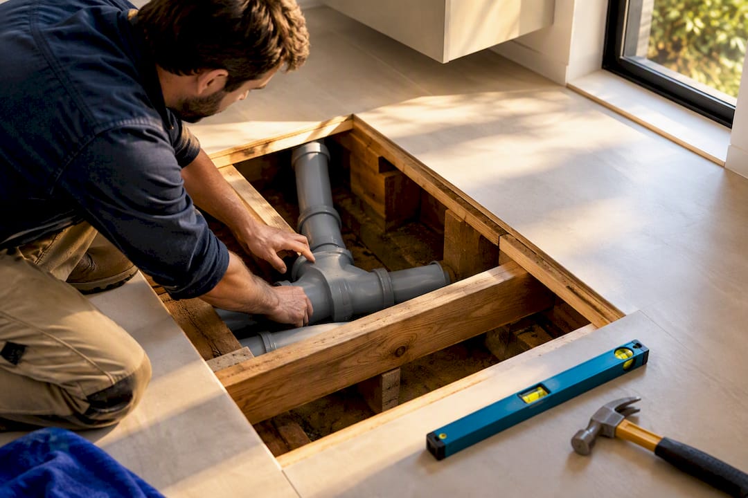 Bathroom floor opened for new drainage connection