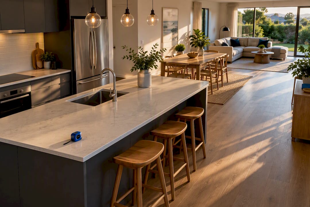 Completed open-plan kitchen flowing into living areas