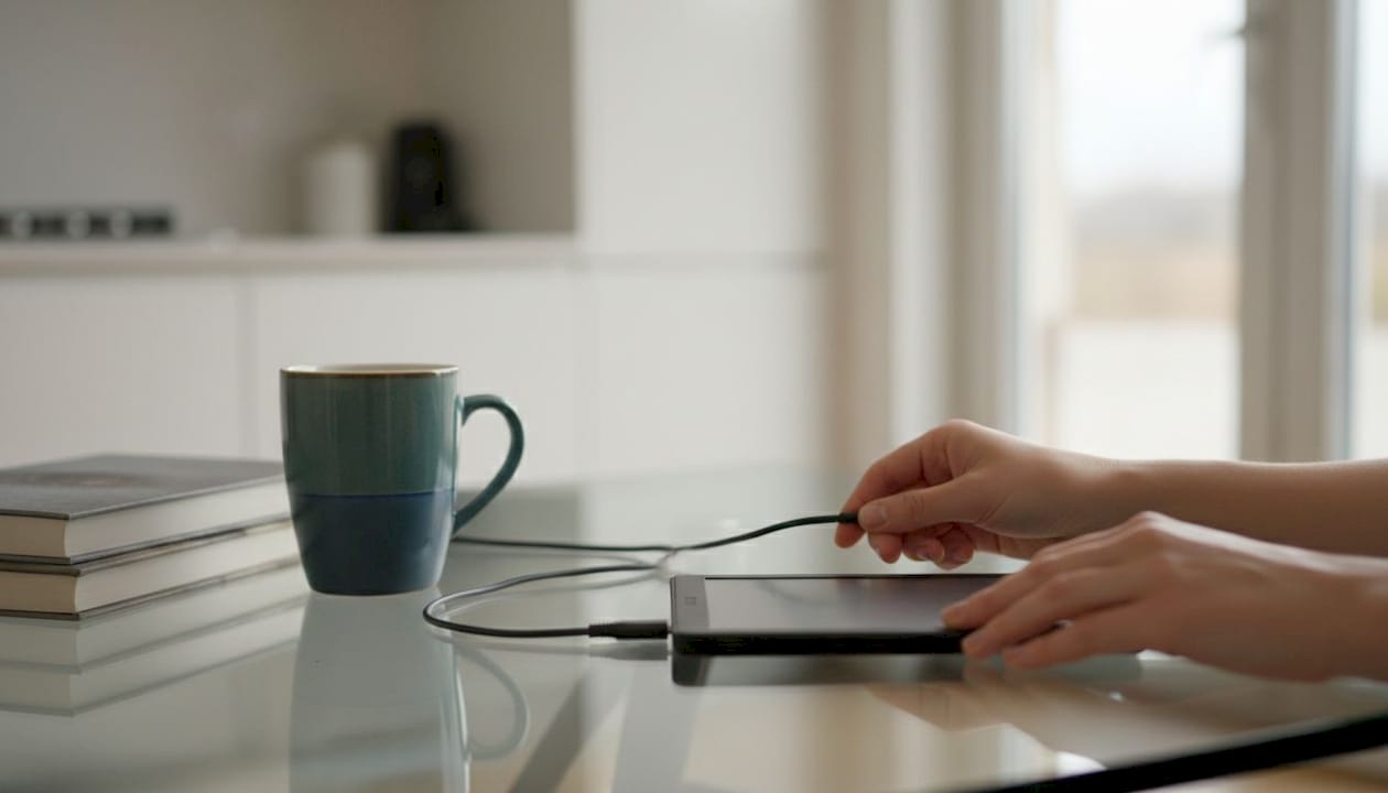 Hands connecting USB cable to Kindle on desk