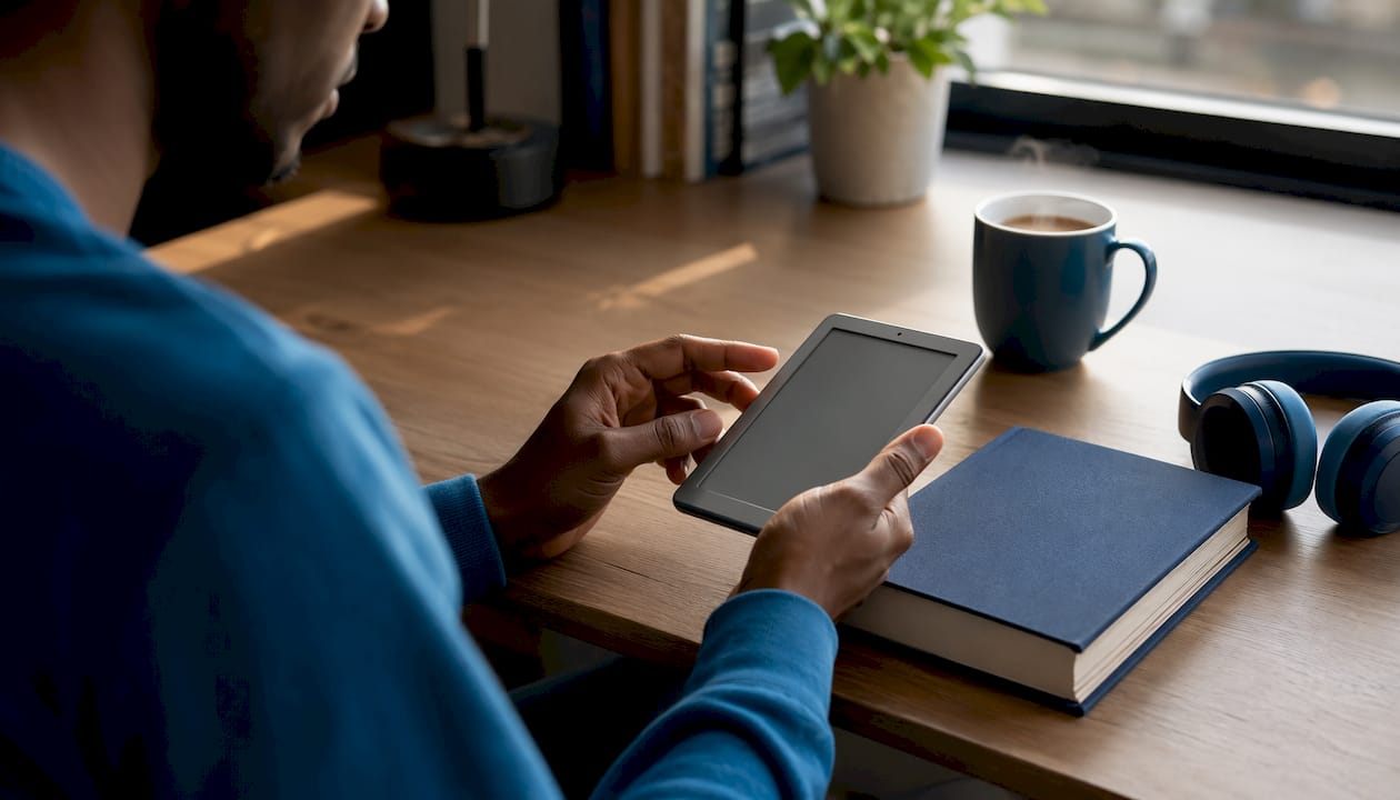 Hands scrolling on e-reader showcasing EPUB format