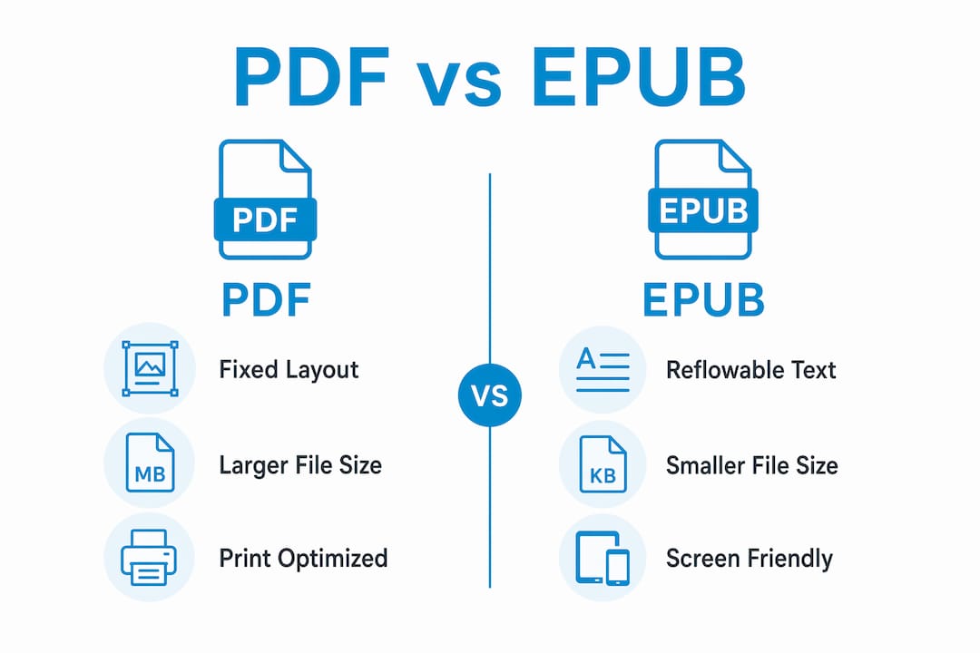 Infographic comparing PDF and EPUB key features side by side