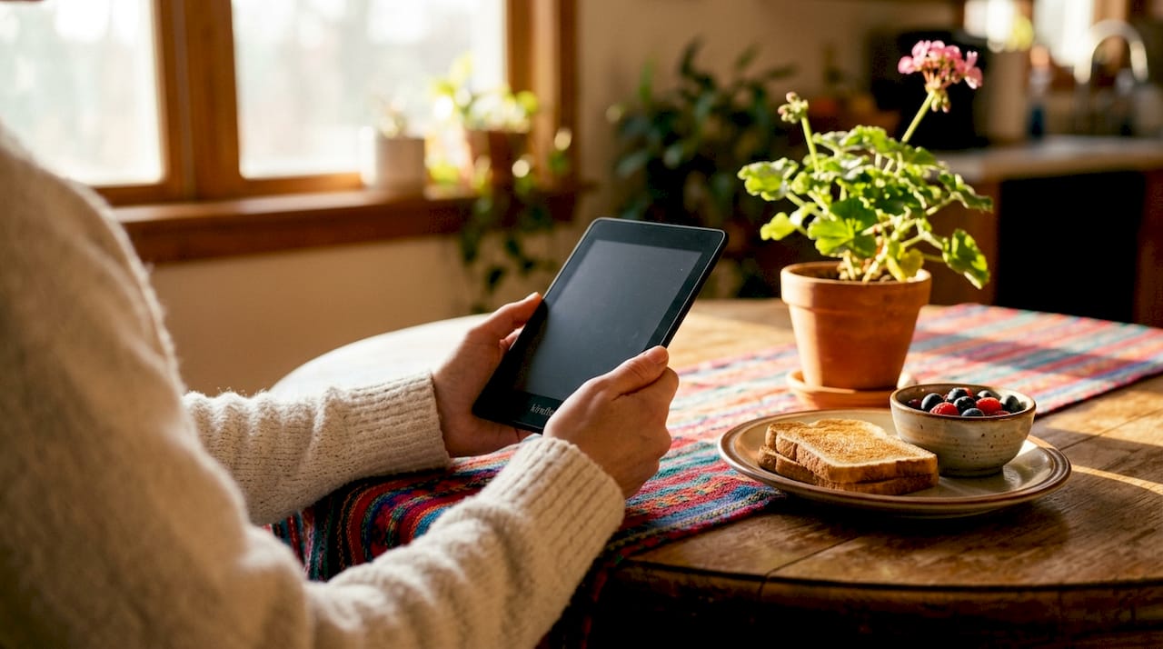 Hands holding Kindle e-reader on sofa