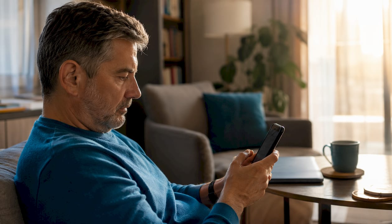 Man reading ebook on smartphone at desk