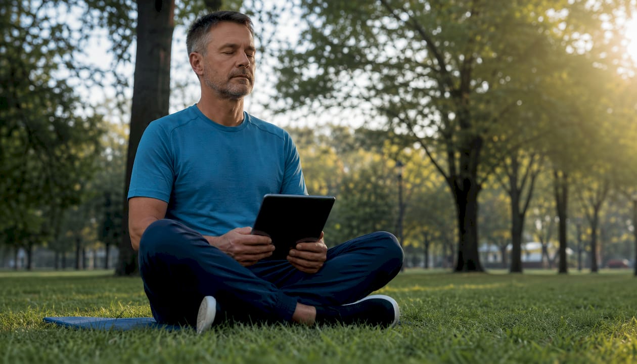 Man meditating with meditation ebook guidance