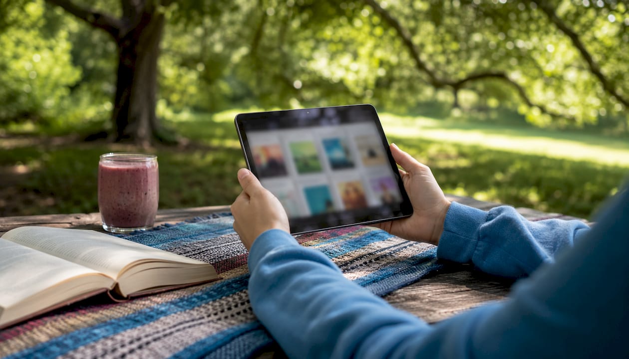 Hand browsing meditation ebooks on tablet