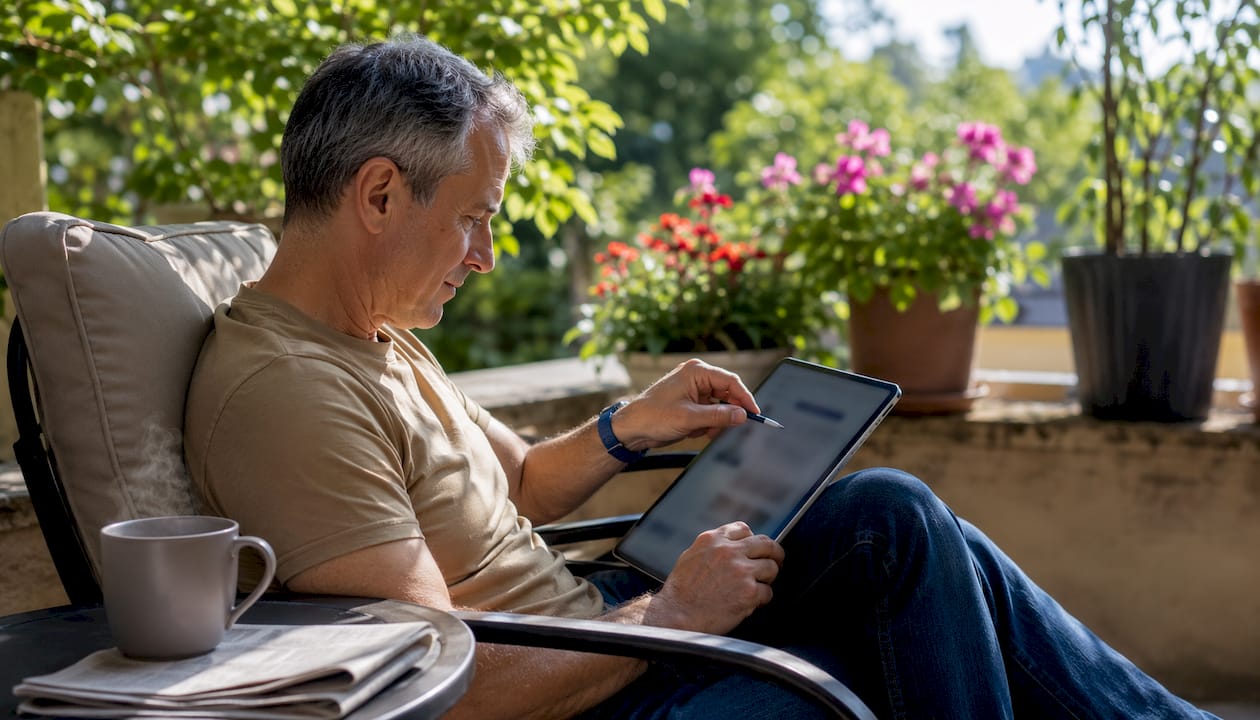 Man highlighting ebook text on tablet