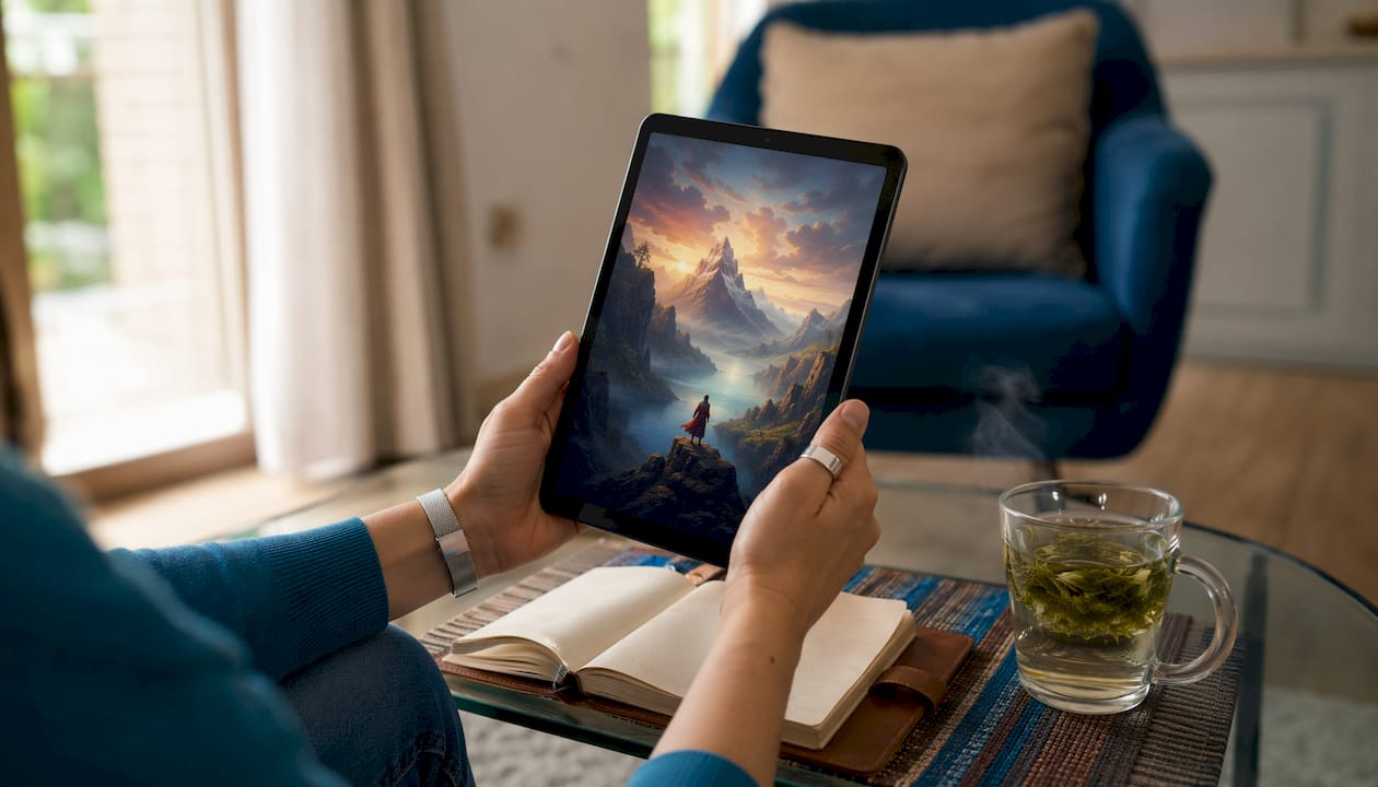 Hands holding tablet and e-book format icons