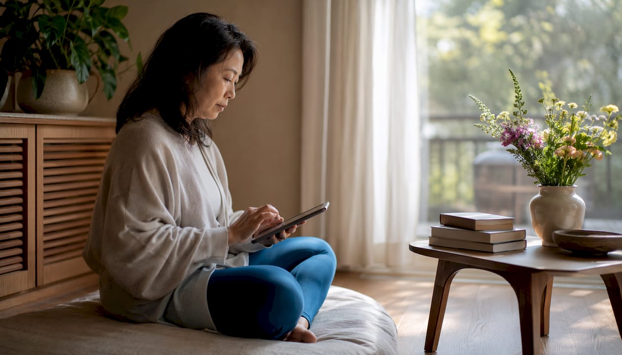 Woman reading ebook during spiritual practice
