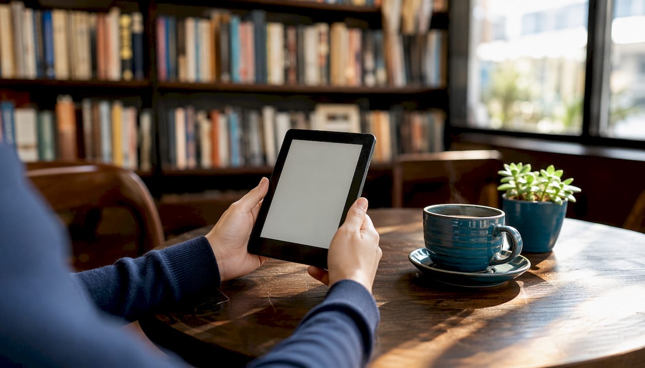 Close-up of hands holding Kindle in bright living room