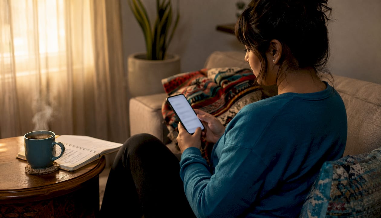 Hands holding smartphone with ebook, desk scene