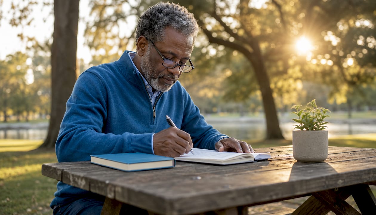 Man writing in emotional intelligence workbook