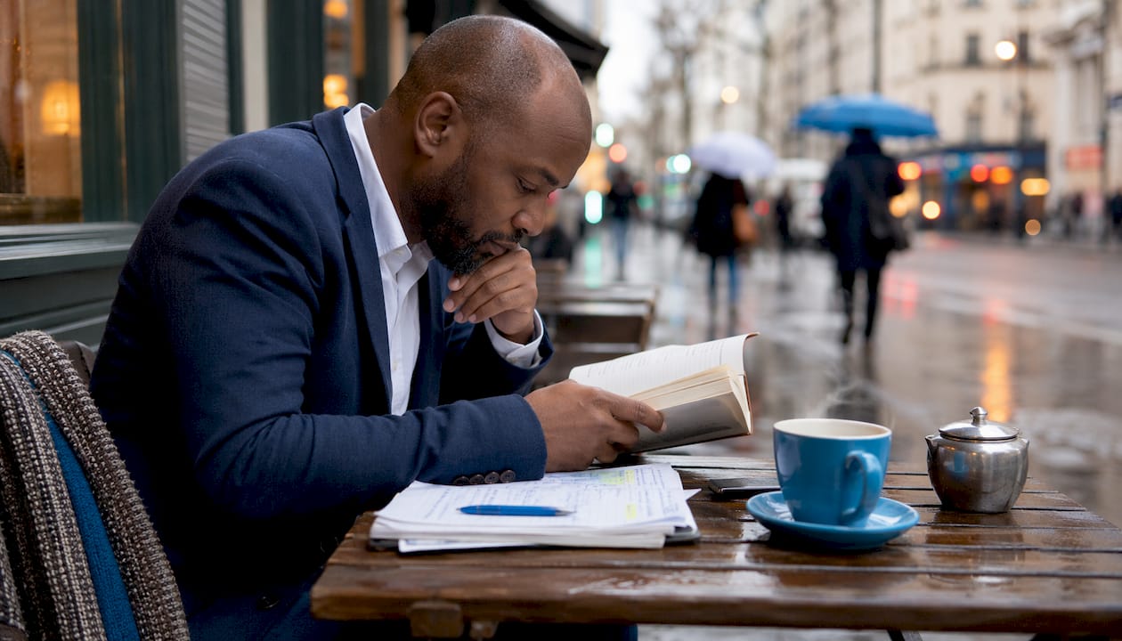 Man reviewing digital marketing ebook in café