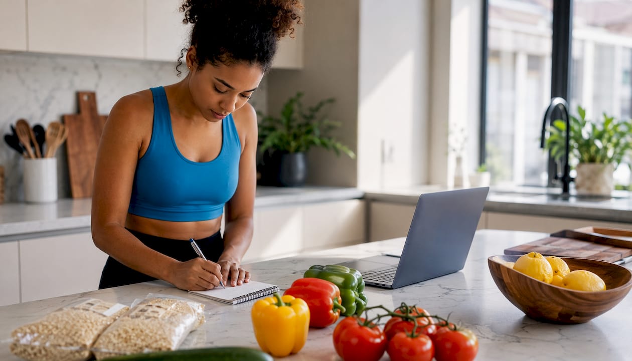 Overhead view of grocery list and fresh ingredients on kitchen table