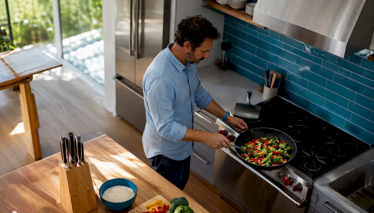 Man cooking soup during meal prep in home kitchen