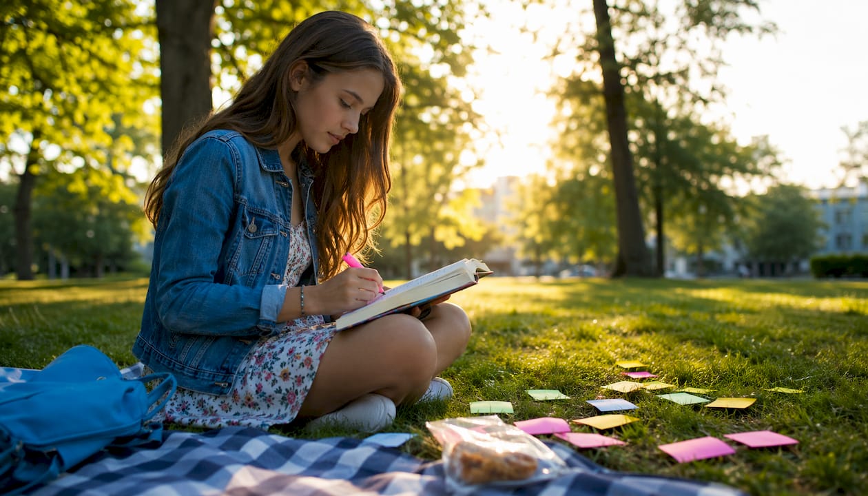 Teenage girl studying positive thinking book