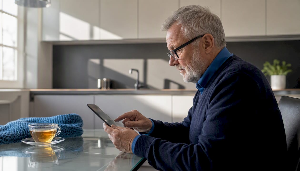Elderly man browsing library loan app on tablet