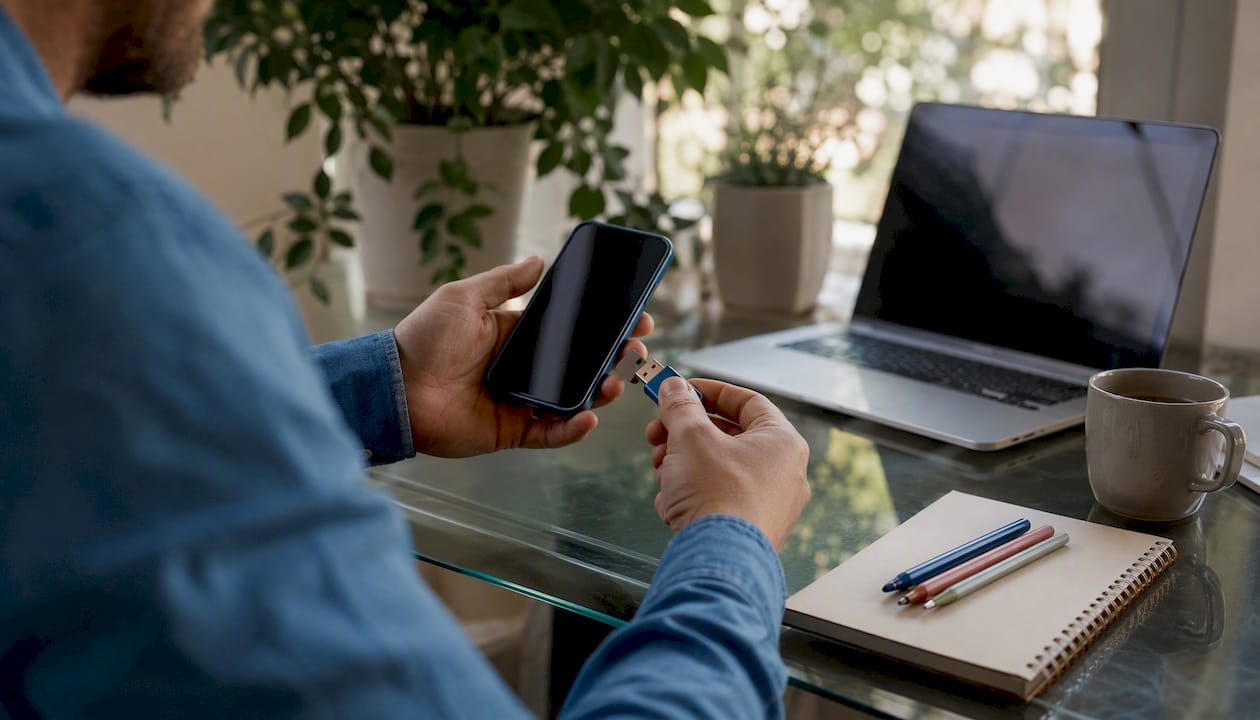 Hands transferring PDF file to USB drive