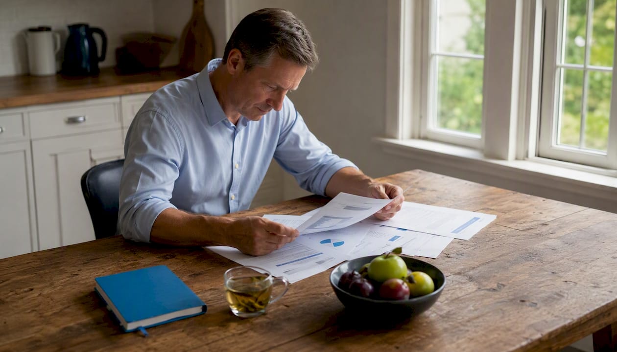 Man reviewing negotiation communication pages at desk