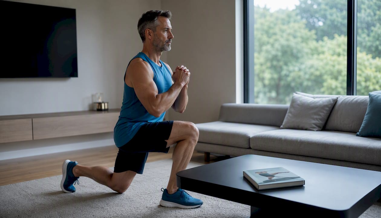 Man exercising with home workout ebook open nearby