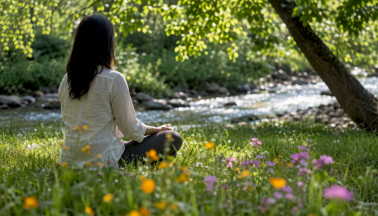Hands resting during mindful breathing practice outdoors