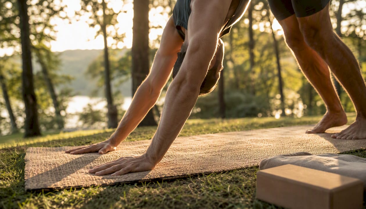 Legs doing Downward Dog pose on yoga mat
