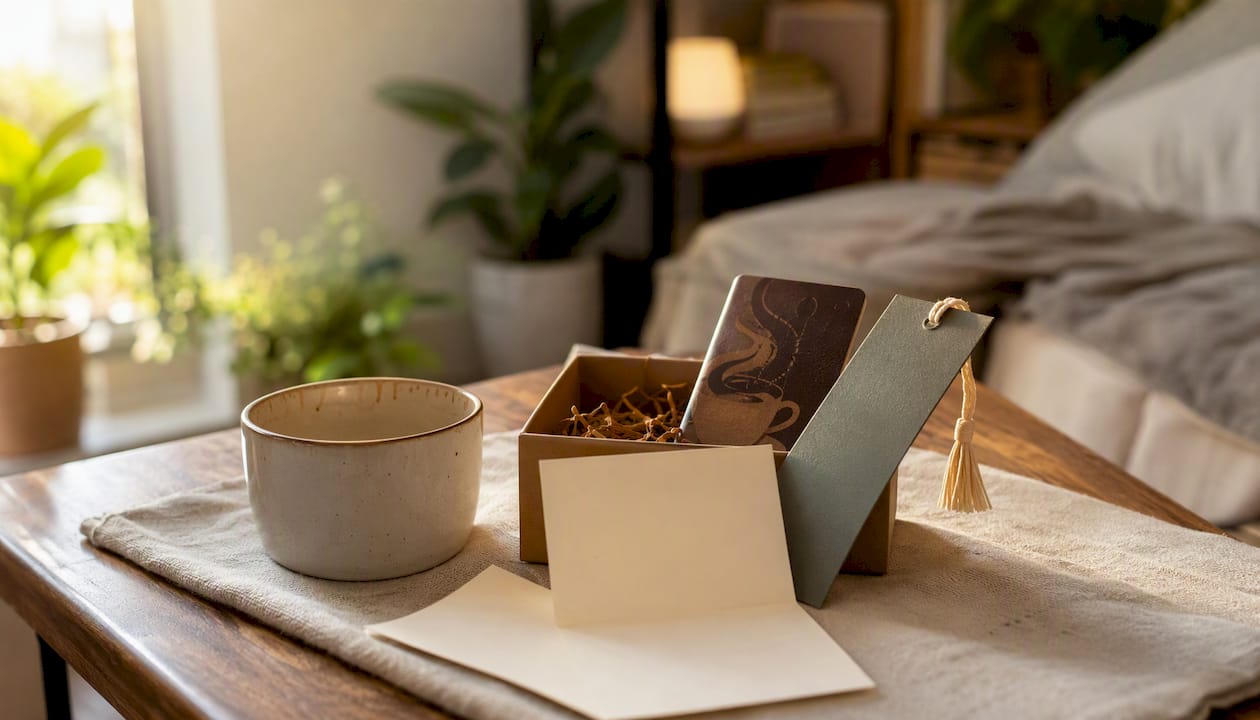 Bookmark and coffee gift card on desk