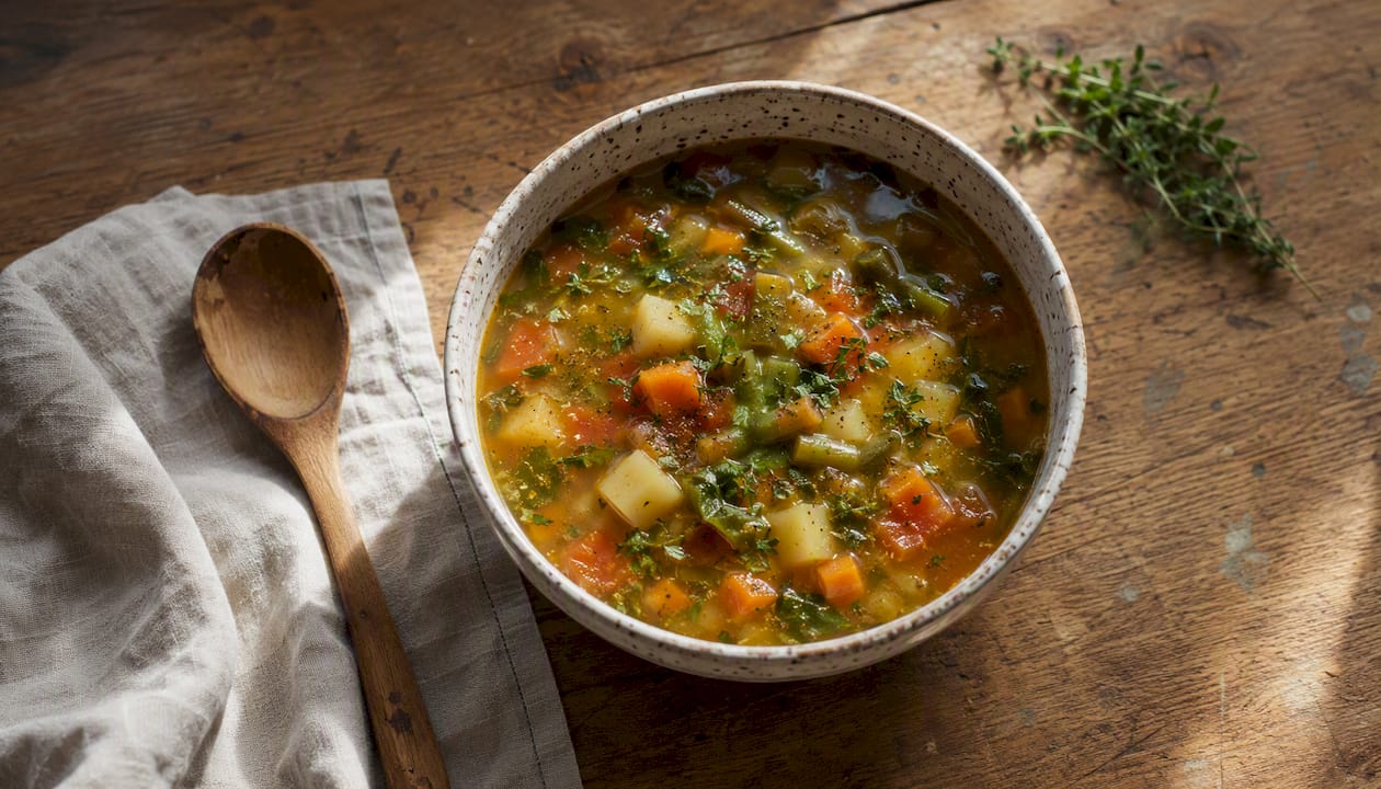 Bowl of vegetable soup with spoon and herbs