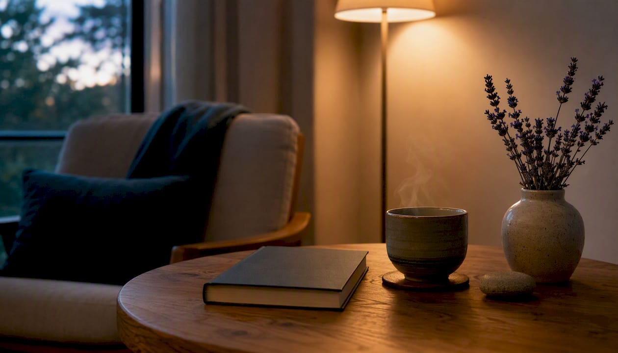 Meditation space with book and tea
