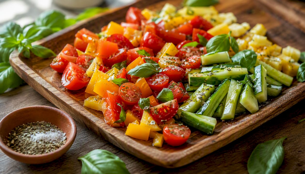 Fresh vegetables with olive oil and lemon dressing