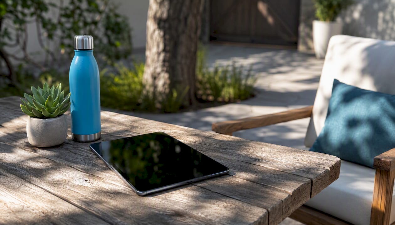 Tablet with earbuds on a wooden desk