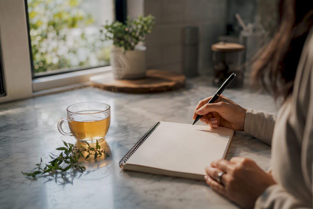 Herbal tea cup beside blank daily log notebook