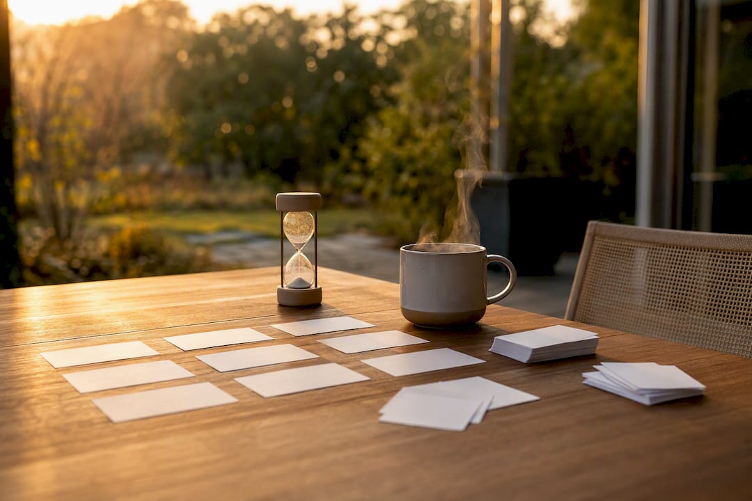 Study desk with flashcards and timer